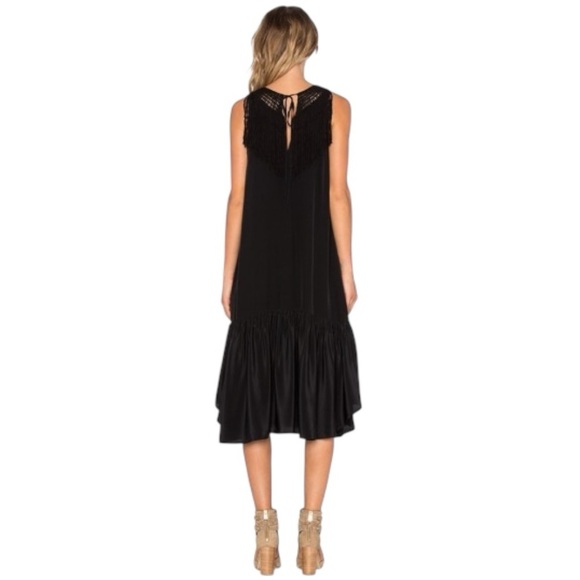 Ulla Johnson Silk Midi Dress Black Fringe Tiered Crochet Yoke Boho Chic Size 2 - Picture 8 of 14